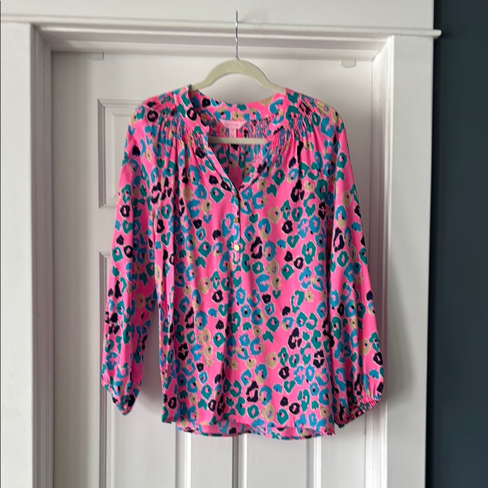 Lilly Pulitzer silk Elsa Pink Leopard Print Blouse